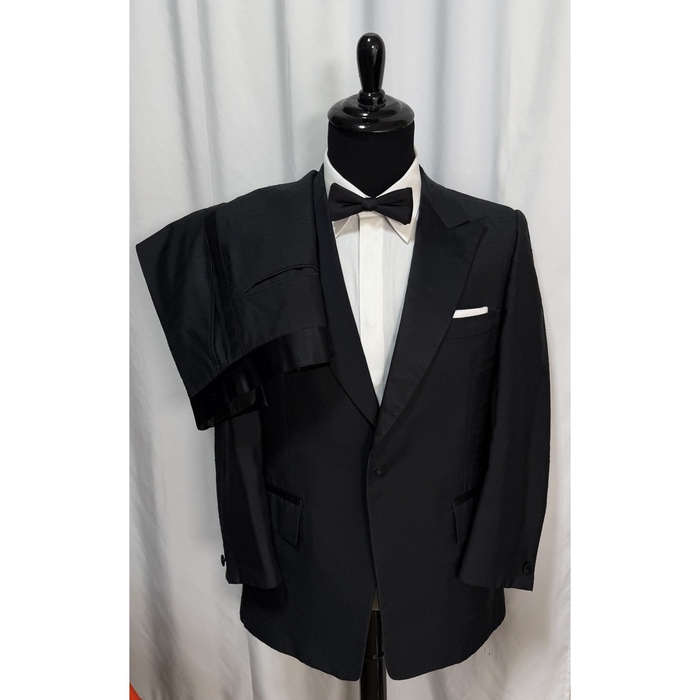 Vtg 90s After Six Tuxedo Suit 43R 34x31 Peak Lapel Satin Stripe Opera Formal